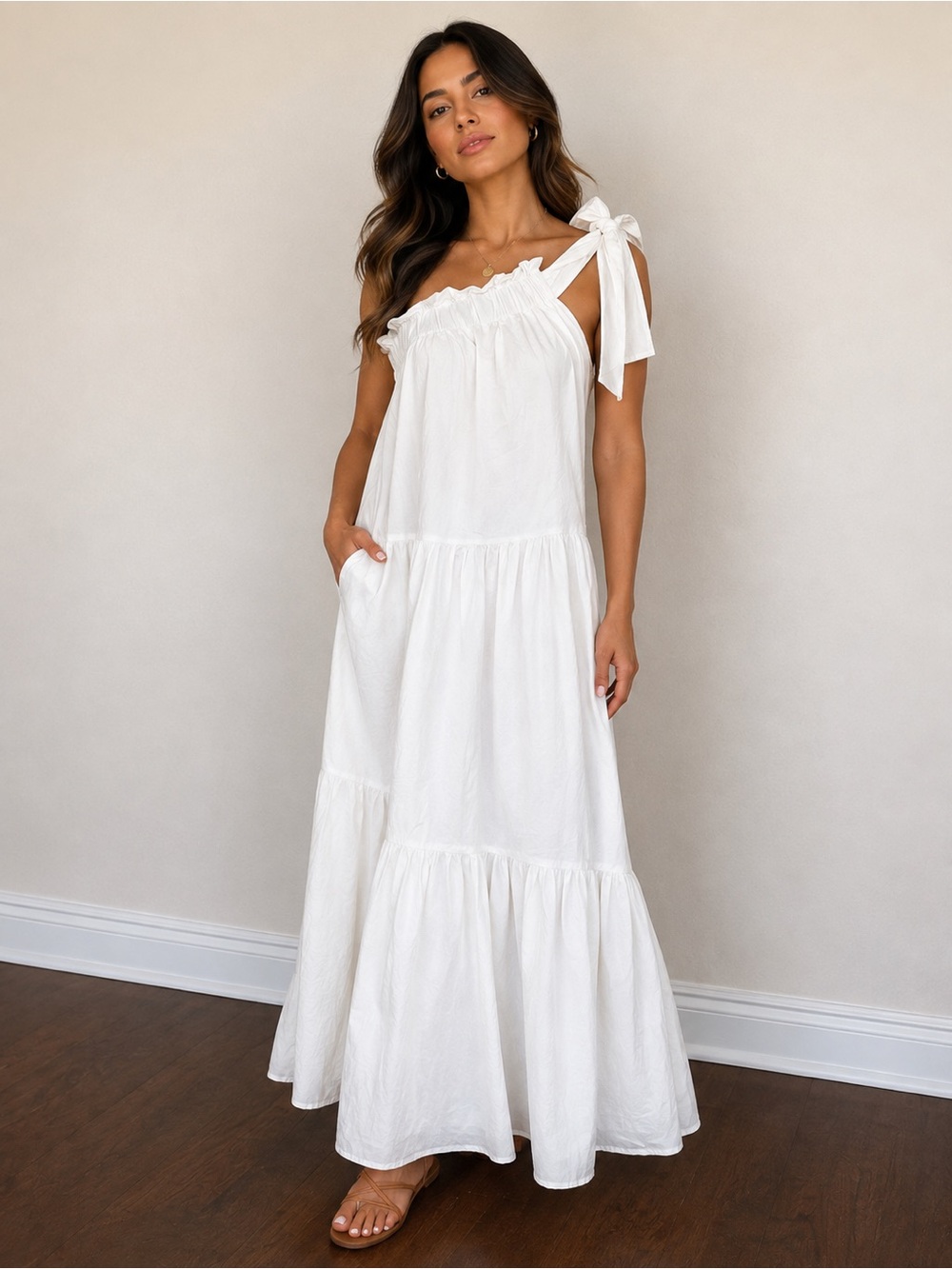 MABLE White One-Shoulder Tie Maxi Dress